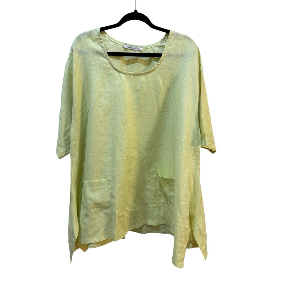 Eva Tralala Paris 100% Linen Tunic Top Chemise Rene Light Green Patch Pockets